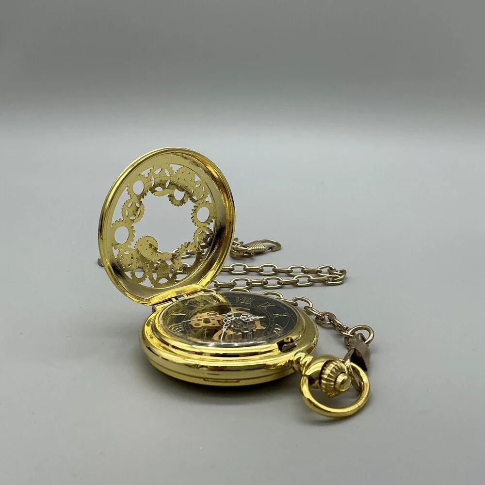 Steampunk Gear Pocket Watch Men 47mm Gold Tone Skeleton Half Hunter Manual